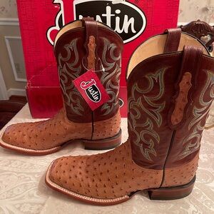 Justin Truman Full Quill Brown and Tan Ostrich Western Boots